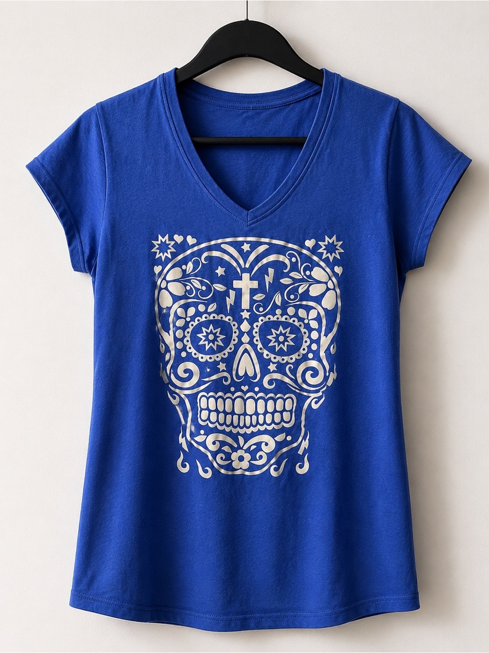 💙 Blue Sugar Skull V-Neck T-Shirt 💀✨